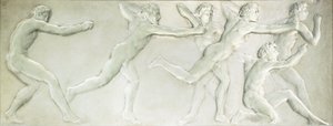 Um painel figural de vidro moldado representando seis atletas masculinos nus,