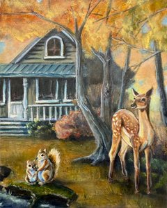 Veados e esquilos no outono de Renee Machan Cottagecore Artist