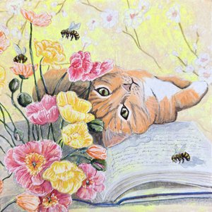 Um gato entre papoilas de Renee Machan Cottagecore Artist