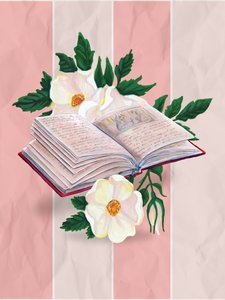 Livros abertos e rosas delicadas de Renee Machan Cottagecore Artist