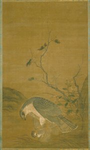 Hawk Capturing A Sparrow (tinta e cor sobre seda) de Renfa Ren