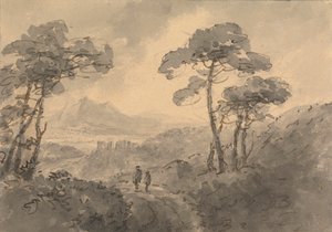 Paisagem de montanha com duas figuras numa estrada sinuosa de Rev. William Gilpin