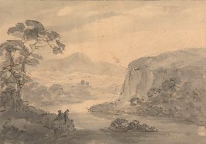 Paisagem montanhosa com duas figuras com vista para um lago de Rev. William Gilpin