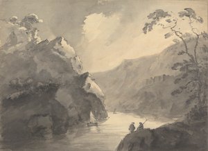 Paisagem montanhosa com rio e castelo sinuosos de Rev. William Gilpin