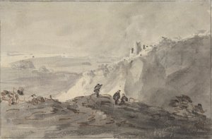 Três figuras numa paisagem montanhosa com ruínas, para além de Rev. William Gilpin