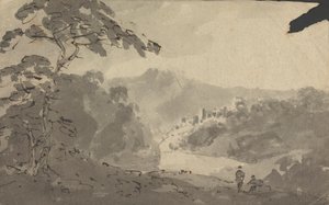 Dois Homens à Paisagem com Castelo, Rio e Cena de Montanha de Rev. William Gilpin