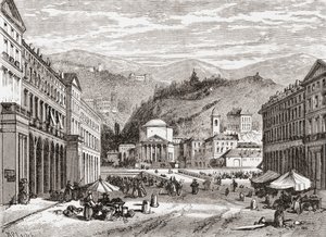 Uma rua em Turim, Itália, no final do século XIX. De Italian Pictures do Rev. Samuel Manning, publicado por volta de 1890. de Reverend Samuel Manning