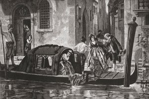 Passageiros a sair de uma gôndola no Grande Canal, Veneza, Itália, no final do século XIX. De Italian Pictures do Rev. Samuel Manning, publicado por volta de 1890. de Reverend Samuel Manning