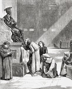 Pessoas a beijar os pés da estátua de São Pedro no interior da Basílica de São Pedro, Cidade do Vaticano, Roma, no final do século XIX. De Italian Pictures do Rev. Samuel Manning, publicado por volta de 1890.