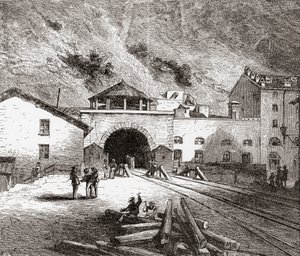 O túnel ferroviário de Fréjus, também chamado túnel do Monte Cenis, nos Alpes europeus, visto do lado italiano no final do século XIX. De Italian Pictures do Rev. Samuel Manning, publicado por volta de 1890. de Reverend Samuel Manning