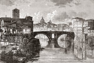 O Pons Fabricius, ou Ponte dei Quattro Capi, e a Ilha do Tibre, Roma, Itália, no final do século XIX. De Italian Pictures do Rev. Samuel Manning, publicado por volta de 1890. de Reverend Samuel Manning