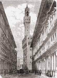 Os Uffizi, o Palazzo Vecchio e as estátuas na Piazza della Signoria, Florença, Itália, no final do século XIX. De Italian Pictures do Rev. Samuel Manning, publicado por volta de 1890. de Reverend Samuel Manning