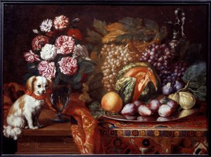 Natureza morta com spaniel anão. Pintura de Renaud Levieux disse Reynaud Le Vieux (c.1625-1690)