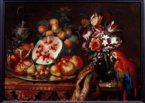 Natureza morta com papagaio vermelho e frutas Maracujá, pêra, pêssego e damascos. Pintura de Reynaud Levieux Reynaud (por volta de 1625-1690) Século XVII Marselha, Musee des Beaux Arts