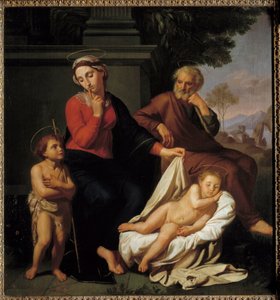 A Sagrada Família. A Virgem Maria coloca um dedo na boca para pedir a São João Batista que não acorde Jesus dormindo. São José está assistindo a cena. Pintura de Reynaud Levieux (ca. 1625-1690)