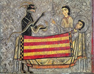 A Morte de São Martinho de Tours, detalhe de um altar frontal da Igreja de São Martinho em Chia, 1150-1200 (têmpera no painel) (detalhe de 498163) de Ribagorça Workshop Johannes Pintor