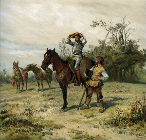 Dom Quixote monta Rossinante, usa o seu elmo, Sancho Pança carrega a sua lança de Ricardo Balaca