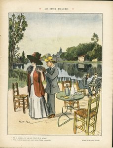 Ilustração de Ricardo Flores (1878-1918) em Le Rire, 04/07/08 - Belos Domingos - Lazer, Vegetação Natural, Urbanismo Arquitetônico, Cafés Restaurantes, Marinha de Mar de Ricardo Flores