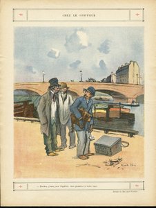 Ilustração de Ricardo Flores (1878-1918) em Le Rire, 05/10/12 - Chez le coiffeur - Paris, Metiers, Architecture Urbanisme, Pont, Riviere Fleuve - Cão, Cabeleireiro de Ricardo Flores