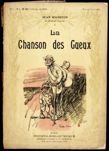 Velho e rapazinho, vestindo nós de viagem e sapatos envoltos em trapos, numa estrada, ilustração de Ricardo Flores (falecido em 1918), para a capa da colecção de textos e poesias intitulada "La chanson des gueux", de Jean Richepin (1849-1926), o francês de Ricardo Flores