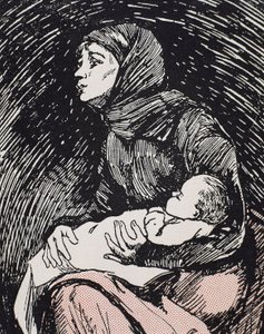Véspera de Natal. 1900. Uma mulher magra com o seu filho nos braços (gravura) de Ricardo Maria Navarrete