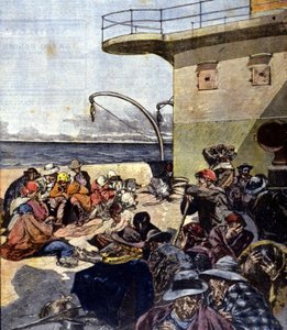 Emigração italiana para o Canadá; a viagem a bordo do Lago Megantic foi feita em condições bastante difíceis. Ill. por R. Pellegrini. La Domenica del corriere. 02/06/1901. de Riccardo Pellegrini