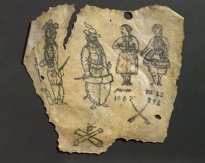 Pele humana, tatuada com figuras, provavelmente francesa de John Pardon