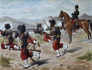 O 20º Campo de Infantaria Nativa de Bombaim (Ordem de Marcha), Exército Anglo-Indiano da década de 1880 (cor litho)