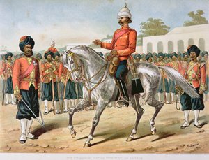 A 7ª Infantaria de Bengala em Parada, o Exército Anglo-Indiano da década de 1880 (cor litho)