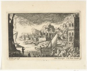 Paisagem urbana com porto de pesca e barco de amarração Cityscapes and Harbors (título da série) de Richard Adam
