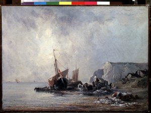 "Boats at the Normandy Shore" Pintura de Richard Parkes Bonington (1802-1828) 1823-1824 Dim. 33x46 cm São Petersburgo, Museu Hermitage