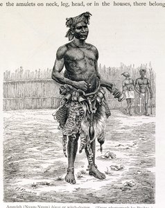 Azandeh (Nyam-Nyam) Binsa ou Witch Doctor, gravado por Jahrmargt, de "A História da Humanidade" pelo Prof. Friedrich Ratzel, pub. em 1904 (gravura)