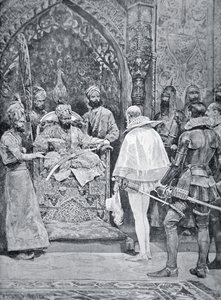 Akbar o Grande recebe o Embaixador da Rainha Isabel em 1599 (litho)