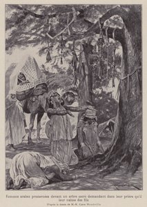 mulheres árabes prostrando-se diante de uma árvore sagrada em oração para que lhes seja concedido filhos (litho)