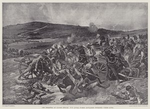 O desastre em Koorn Spruit, a Artilharia Real do Cavalo a trabalhar as suas armas (litho) de Richard Caton II (after) Woodville