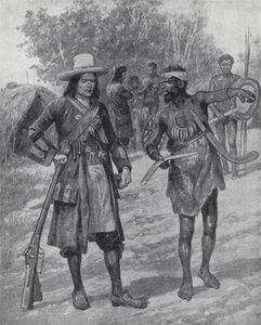 William Dampier com um indígena durante sua exploração da Austrália, no final do século 17 (litho)