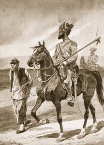 Um Lancer de Bengala e seu Boxer em cativeiro, ilustração de &39;Battles of the 19th Century: vol. VII, A Guerra Chinesa de 1900-1901 &39;por Archibald Forbes, GA Henty e Major Arthur Griffiths de Richard Caton Woodville
