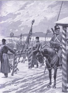 Uma estação cossaco na Manchúria com sinais tribais sobre as cabanas dos homens, ilustração fromCassells História da Guerra Russo-Japonesa Vol 1, c.1900 de Richard Caton Woodville