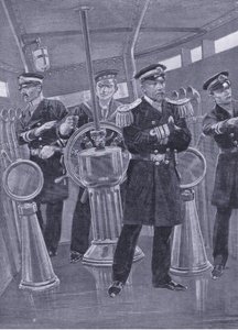 Almirante Togo na Torre Conning de sua nau capitânia, dirigindo uma ação naval, ilustração deCassells História da Guerra Russo-Japonesa Vol 1, c.1900 de Richard Caton Woodville
