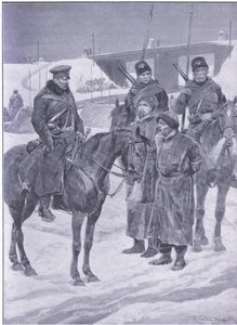 Detenção de espiões japoneses descobertos como coolies, ilustração deCassells História da Guerra Russo-Japonesa Vol 1, c.1900 de Richard Caton Woodville