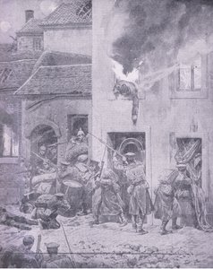 Em confronto com o inimigo: House to house lutando em Ypres, de História da Grande Guerra Vol 3 publicado pela Waverley Book Co Limited, c.1920 de Richard Caton Woodville