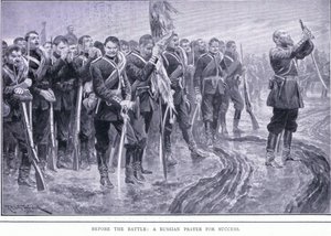 Antes da batalha: Uma oração russa pelo sucesso, ilustração deCassells História da Guerra Russo-Japonesa Vol 1, c.1900