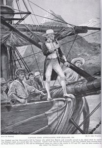 Capitão Cook se aproximando da Nova Zelândia, ilustração da &39;Hutchinson&39;s Story ofthe British Nation&39;, c.1923