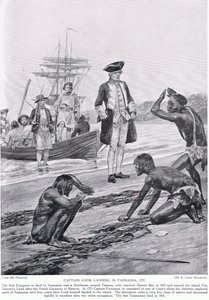 Capitão Cook desembarque na Tasmânia, 1777, ilustração da "História da nação britânica" de Hutchinson, c.1923