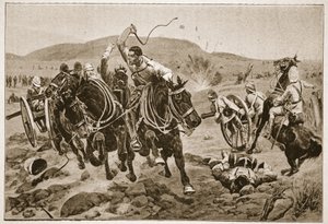Artilharia de campo entrando em ação, ilustração de &39;Battles of the 19th Century, vol. VI: A Guerra dos Bôeres de 1899 a 1900, por Archibald Forbes, GA Henty e Major Arthur Griffiths de Richard Caton Woodville