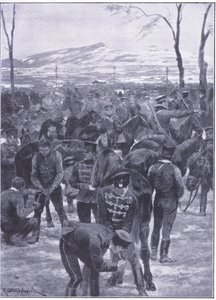 Acampamento de cavalaria japonesa em Seul: Farriers no trabalho, ilustração fromCassells História da Guerra Russo-Japonesa Vol 1, c.1900 de Richard Caton Woodville