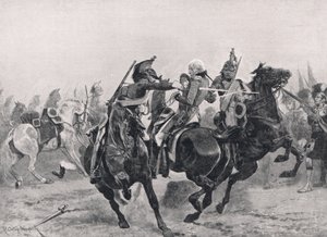 O ataque a Sir Ralph Abercrombie pelos dragões franceses, ilustração de "Batalhas britânicas na terra e no mar", publicado por Cassell, Londres, c.1910