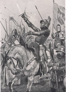 A Morte de Henry Hotspur, em 21 de julho de 1403, ilustração de "Batalhas Britânicas em Terra e Mar", publicada por Cassell, Londres, c.1910 de Richard Caton Woodville