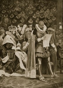 A Homenagem, a Largesse e o Perdão Geral na Coroação de James I e Anne da Dinamarca, 25 de julho de 1603, de &39;The Illustrated London News&39;, 1902 de Richard Caton Woodville