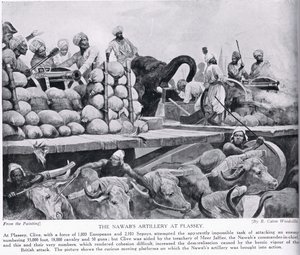 A artilharia do Nawab em Plassey, ilustração da "História da nação britânica" de Hutchinson, c.1923
